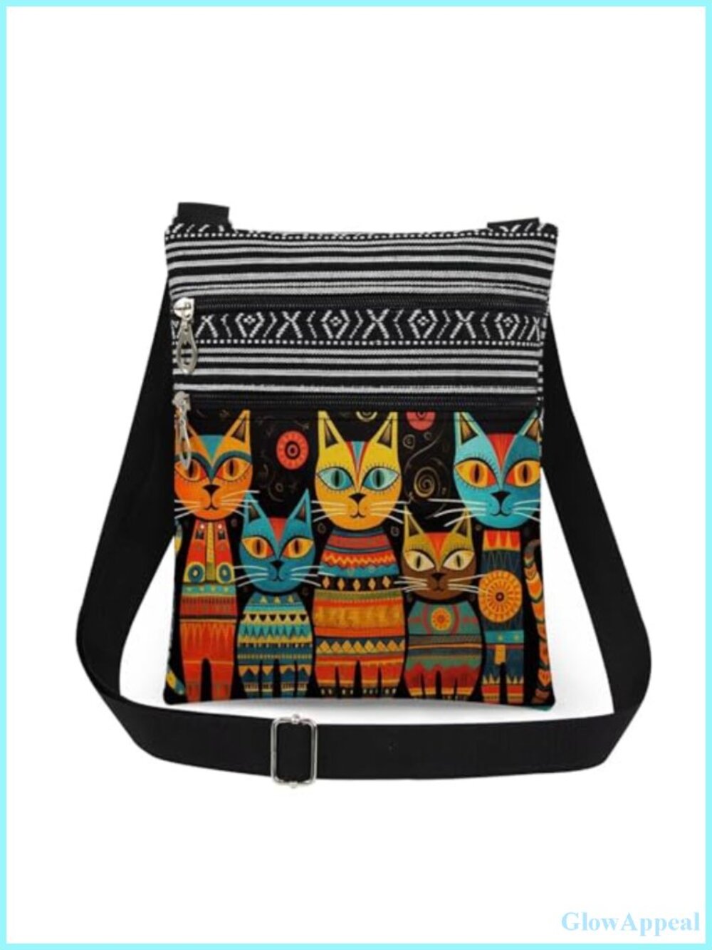 Geometric Cat Art Crossbody Bag Adjustable Strap Polyester Double Zipper